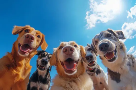 A group of happy, healthy companion dogs representing natural botanical ingredients formulated for premium pet supplements.