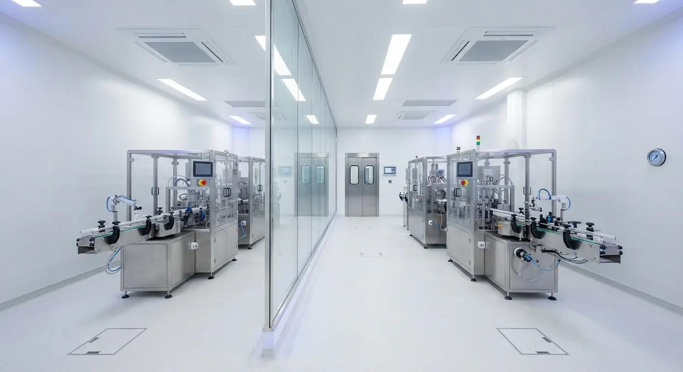 Split-screen style view of two ultra-clean, separate pharmaceutical manufacturing lines.