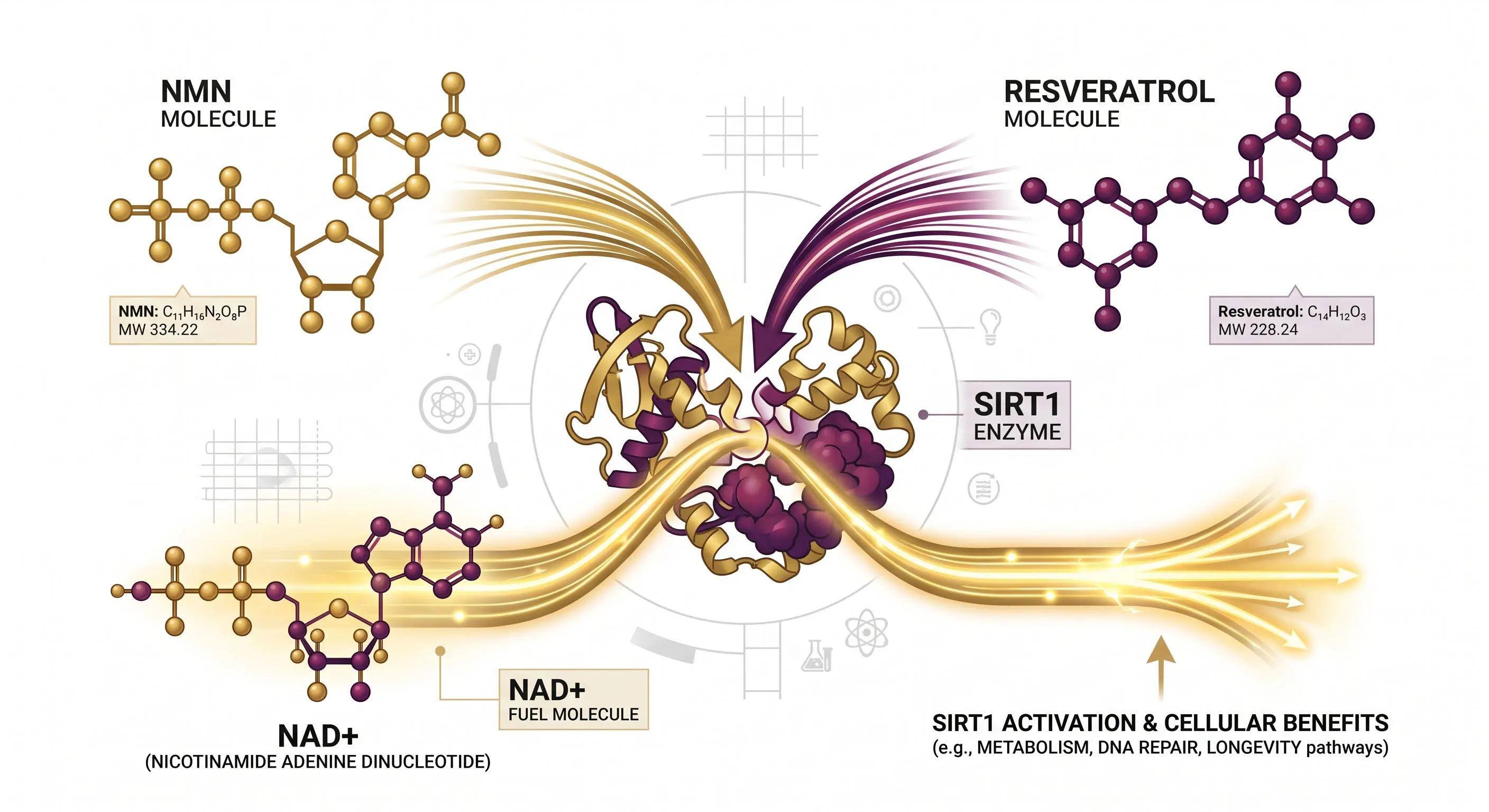 مخطط يوضح تآزر NMN و resveratrol عبر مسار تنشيط sirtuin