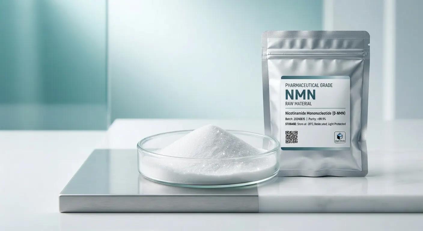 Pharmaceutical grade beta-NMN raw material sealed in desiccated cold-chain storage packaging