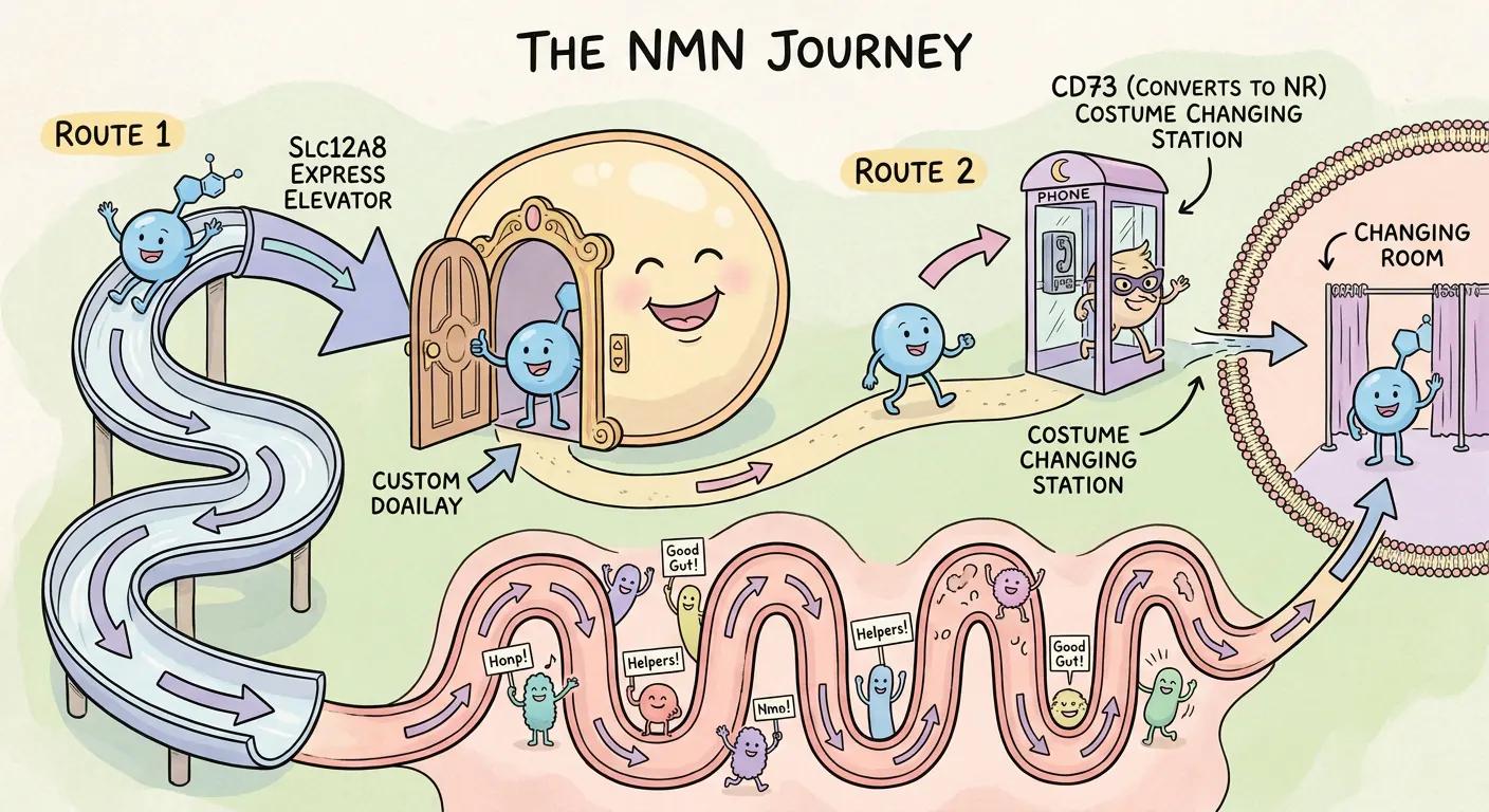 Hand-drawn diagram showing NMN uptake via Slc12a8 transporter and gut conversion