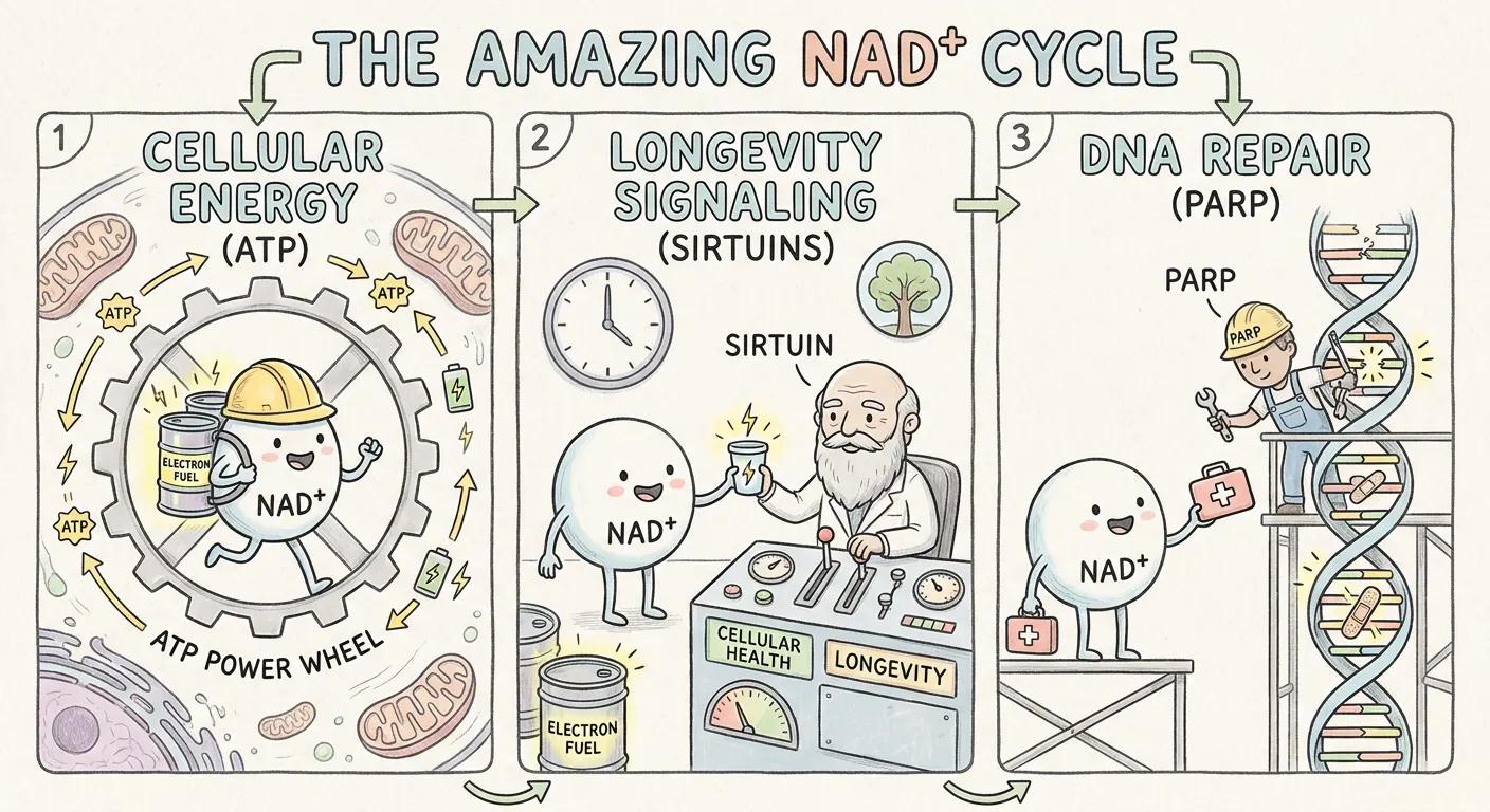 Illustrated breakdown of NAD+ as a redox coenzyme, sirtuin fuel, and DNA repair substrate