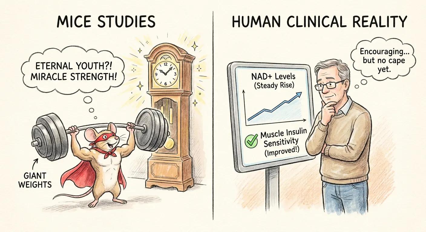Hand-drawn side-by-side comparison of dramatic mouse study claims versus realistic human trial outcomes