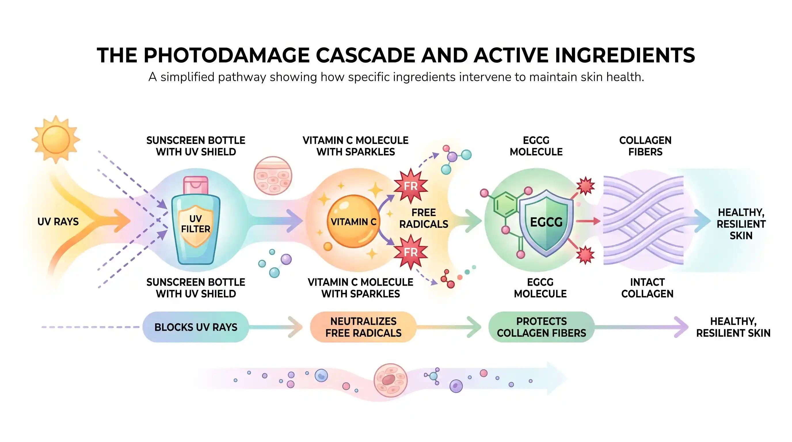 Diagrama que muestra EGCG, vitamina C y filtro UV dirigidos a etapas secuenciales de fotodaño