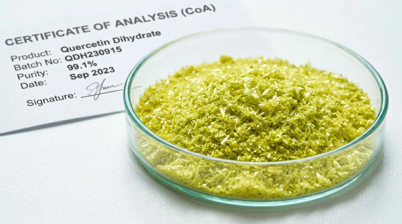 بلورات مسحوق كويرسيتين ثنائي الهيدرات النقي — مستخلص مُختبَر بـ HPLC لتصنيع المكملات