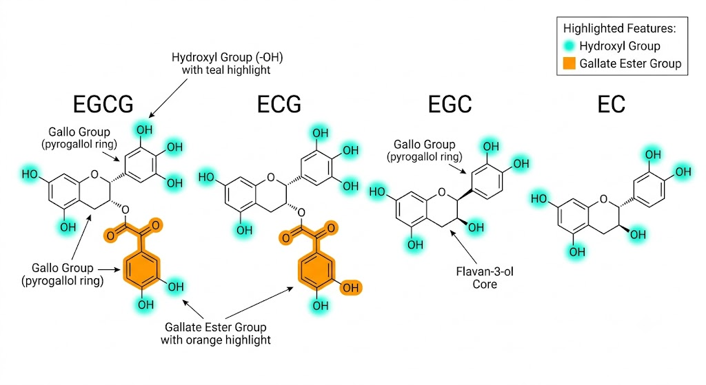 مقارنة البنية الكيميائية لكاتشينات EGCG و ECG و EGC و EC مع النشاط المضاد للأكسدة