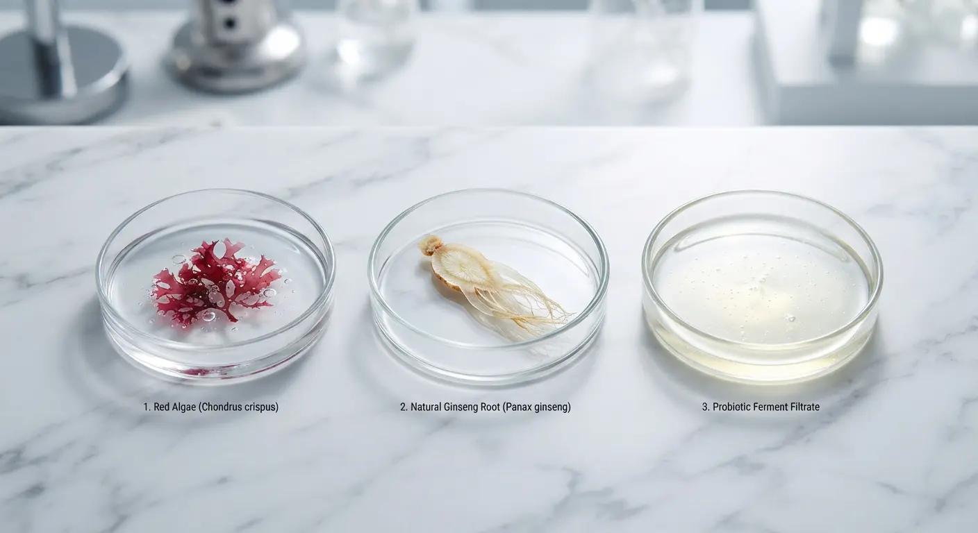 Three distinct petri dishes showcasing marine algae, plant root, and clean microbial cultures.