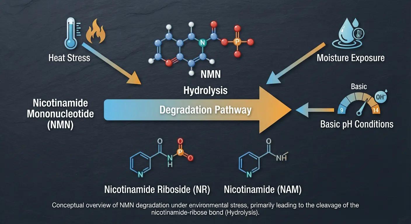 Hydrolysis reaction pathway of NMN breaking down into NR and Nicotinamide under heat and moisture
