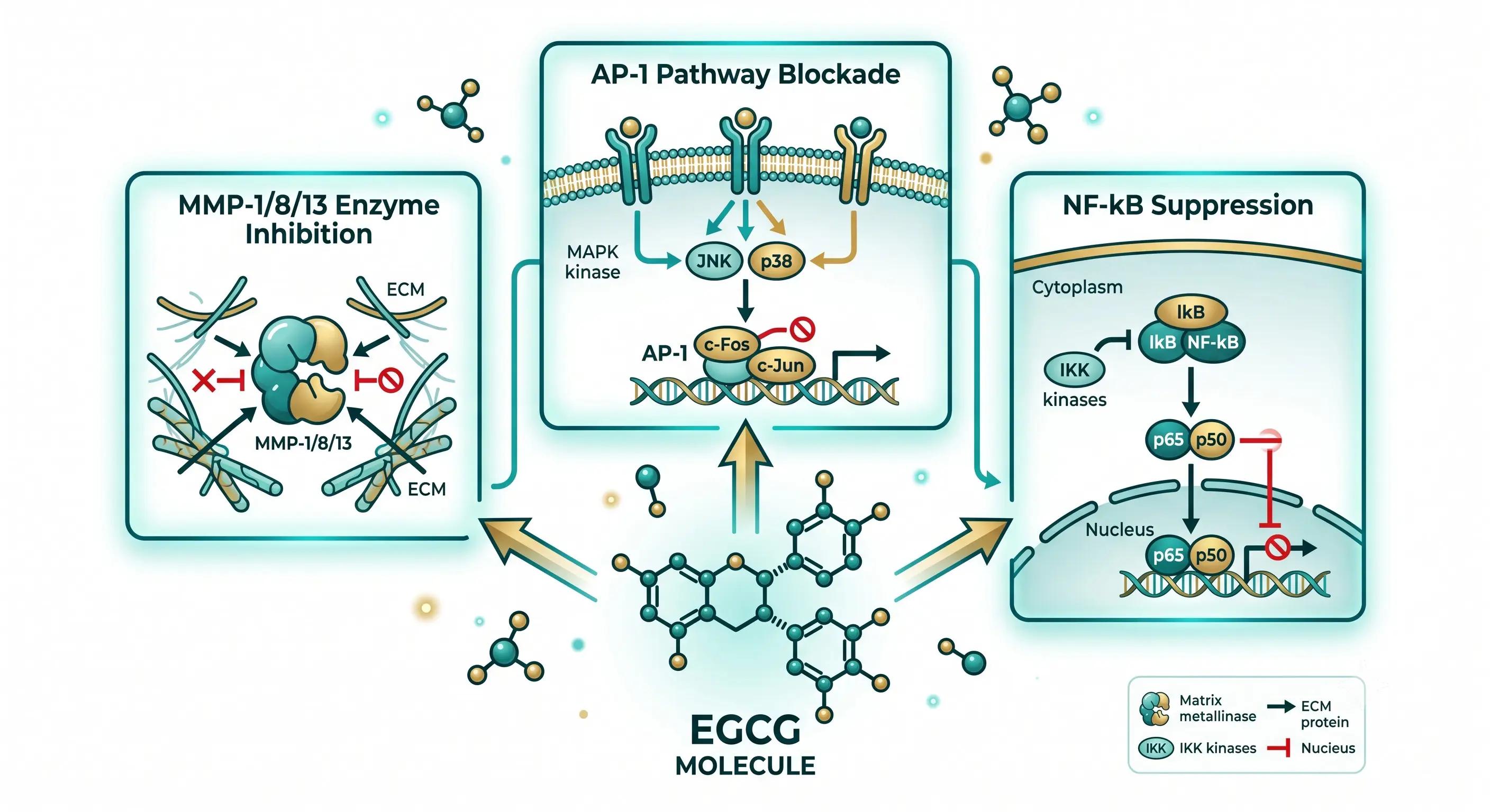 رسم يوضح تثبيط EGCG لإنزيمات MMP ومساري AP-1 و وNF-κB