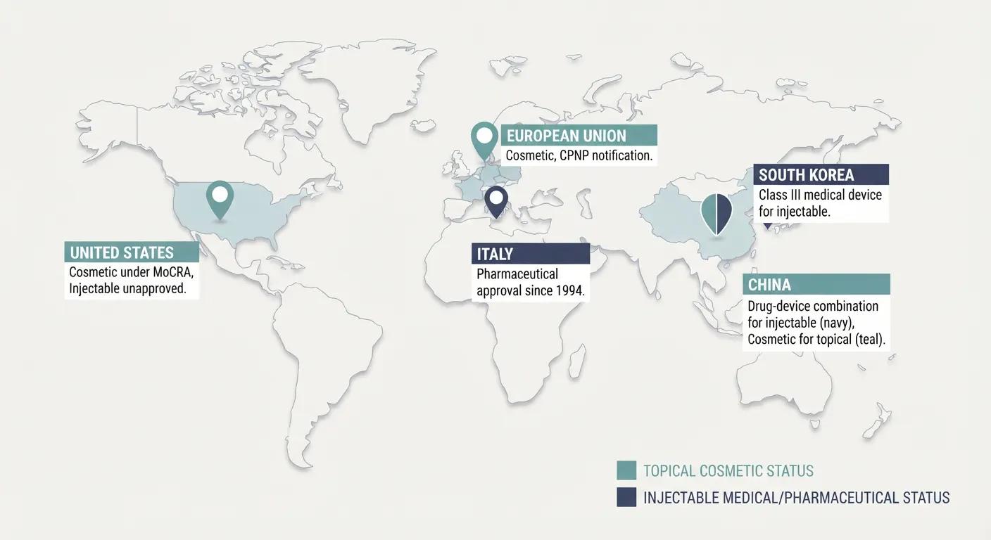 PDRN regulatory classification across EU, US, South Korea, Italy, and China