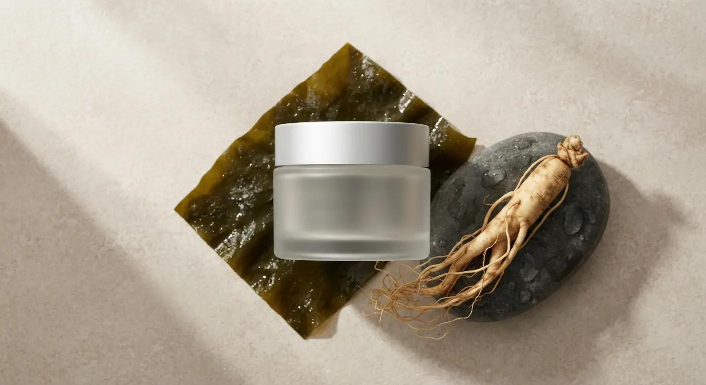 Minimalist luxury cosmetic jars arranged alongside natural ocean and plant elements.
