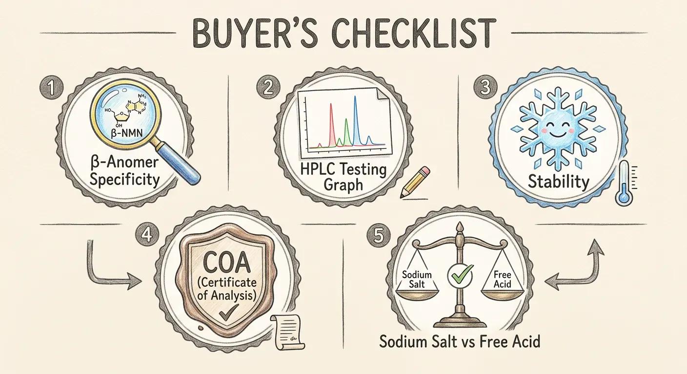 Hand-drawn checklist illustrating quality verification steps for purchasing raw NMN