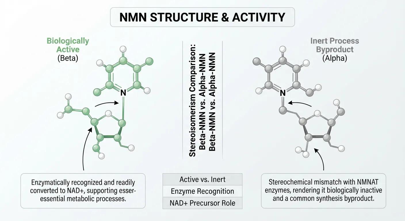 Structural comparison between active Beta-NMN and inert Alpha-NMN showing chiral stereochemistry