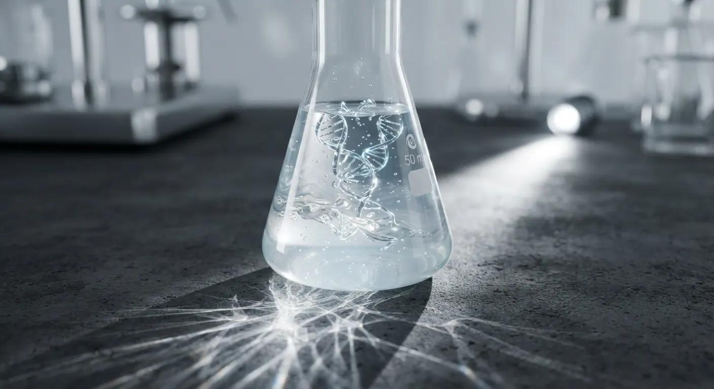 Scientific abstraction of highly purified PDRN DNA polymers glowing in a lab glass vessel.