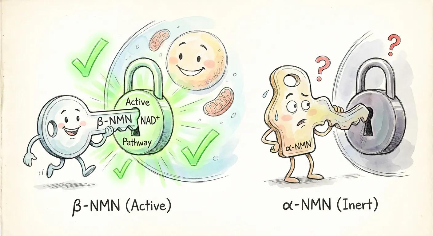 Hand-drawn visual comparing active Beta-NMN lock and inactive Alpha-NMN